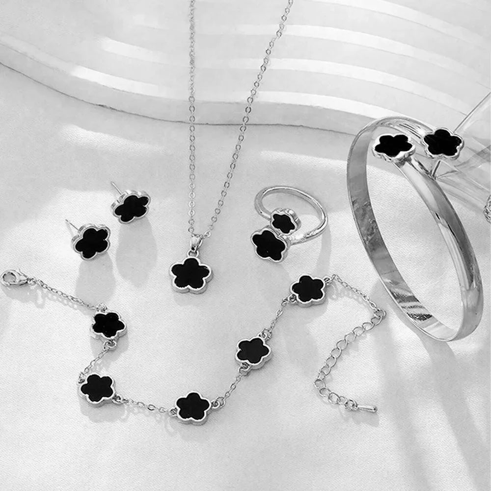 5pcs Lucky Five-petal Flower Women's Jewelry Set, Fashion Flower Bracelet + Necklace + Earrings + Bracelet + Ring, Birthday, Ann