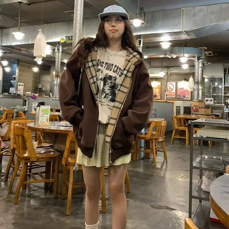 Brown Zip Up Hoodie Women 2023 Autumn Lattice stitching Long Sleeve Casual Oversized Sweatshirt Solid Jacket Women Clothing