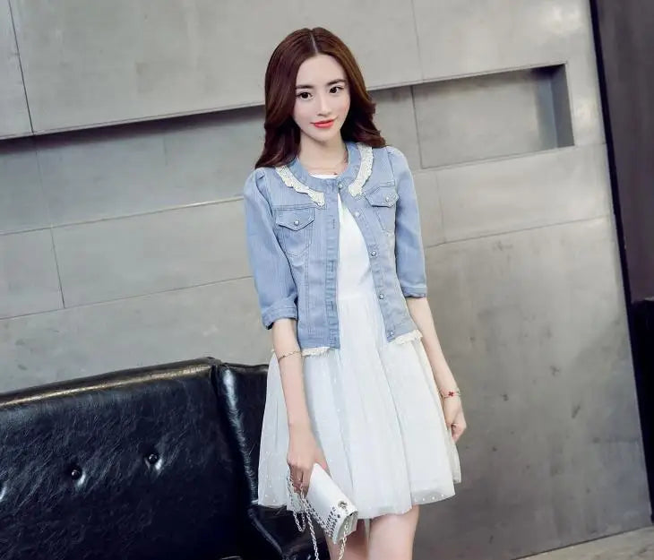 2023 Spring/Summer New Denim Jacket Women's Korean Casual Slim All-Match Short Crop Sleeve Short Sleeve Denim Button Up Top