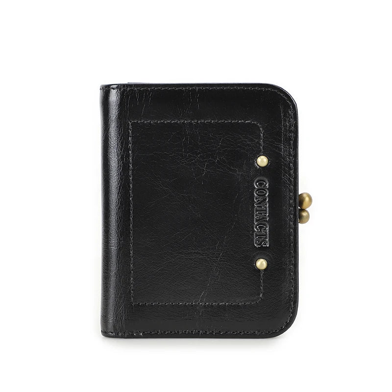 CONTACT'S Genuine Leather Short Wallets for Women Kiss Lock Classic Wallet Metal Frame Coin Purses Card Holder Money Clip Bags