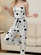 Casual Women's Pajamas Set White Red Love Printing Soft Short Vest And Bow Trim Long Pants Summer Sexy Lingerie Homewear Suit