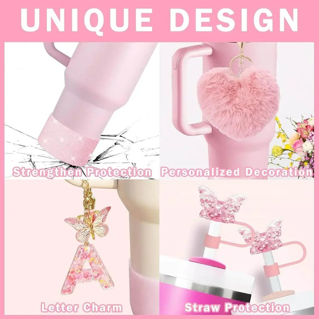 9PCS Accessory Set for Stanley Cup 30oz 40oz Butterfly Straw Cover Cap Silicone Boot Charm Initials Sticker Spill Proof Stopper