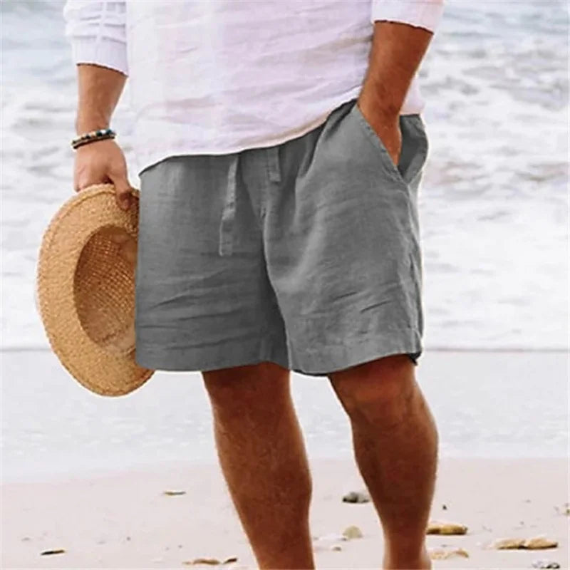 2025 New Summer New Men's Cotton Linen Breathable Shorts Hawaii Beach Pants Male Solid Color Trousers Loose Versatile Streetwear