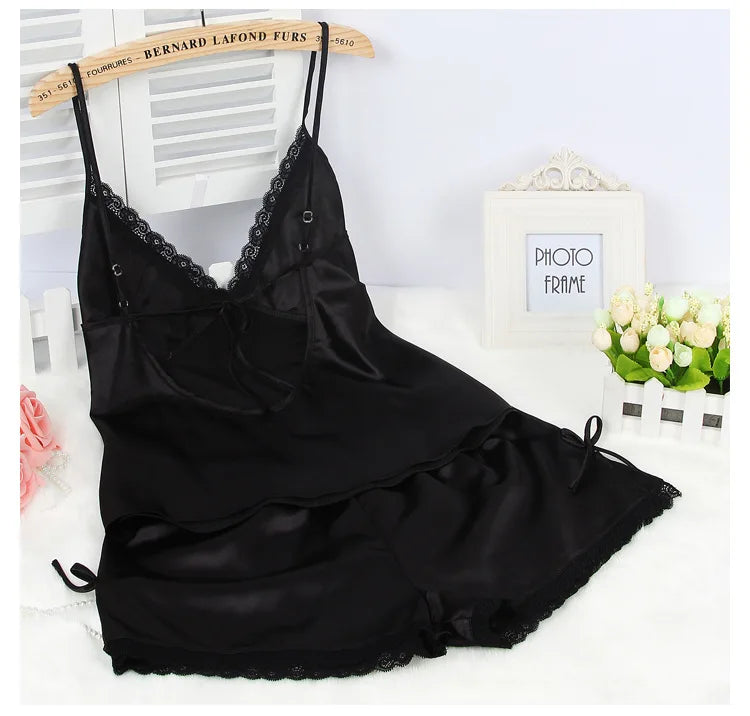 Black Pajamas Suit Lace Up Cami&shorts Set 2Pcs Satin Home Clothes Lady Sexy Lingerie Sleepwear Loungewear Plus Size 3Xl