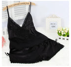Black Pajamas Suit Lace Up Cami&shorts Set 2Pcs Satin Home Clothes Lady Sexy Lingerie Sleepwear Loungewear Plus Size 3Xl