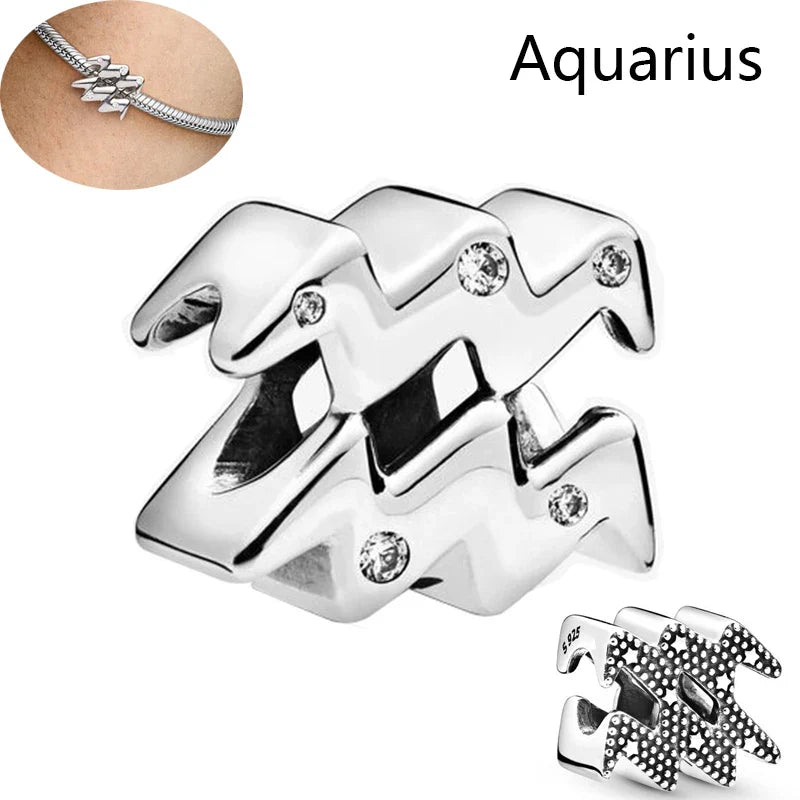 Authentic 925 Sterling Silver Sparkling Aries Leo Scorpio 12 Zodiac Signs Constellation Charm Beads Fit Pantaro Bracelet Jewelry