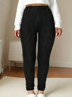 CUHAKCI Plus Size Sports Tight Women's Bottom Pants Black Vertical Strip High Elasticity Casual Fitness And Ankle Nine Pants