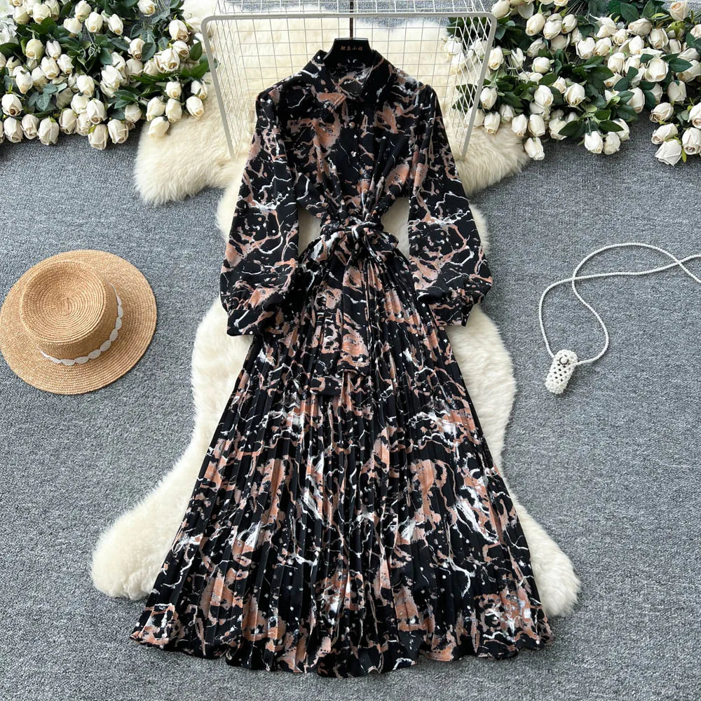 Chic vintage long sleeve turn-down collar button pleated Elegant Fairy korean fashion Boho women clothing Long dress