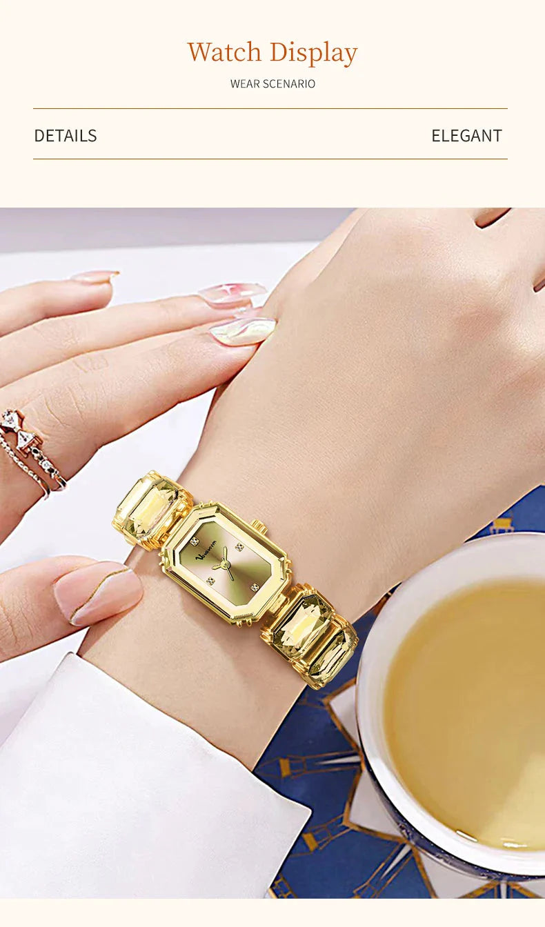 1PC Luxury Women's Watch Fashion Stainless Steel Gold Gorgeous Water Diamond Square Quartz Movement Gift Wrist Watches for Women