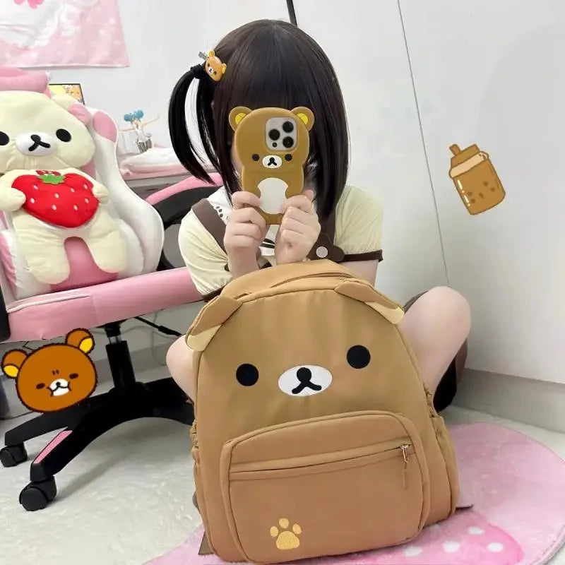 Cute Rilakkuma Backpack Anime Cartoon Embroidery Backpack Stylish Large-Capacity Student School Bag Nylon Multifunctional Bags