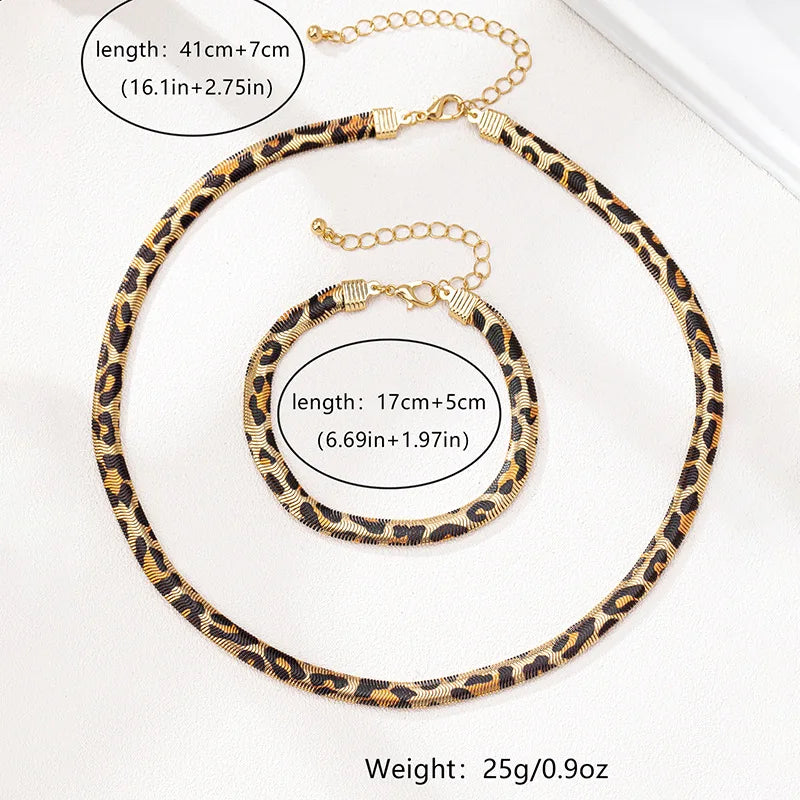 2PCS Leopard Print Snake Chain Bracelet Necklace Set For Women Fashion Jewelry Daily Wear Accessories Trendy New Styles Gifts