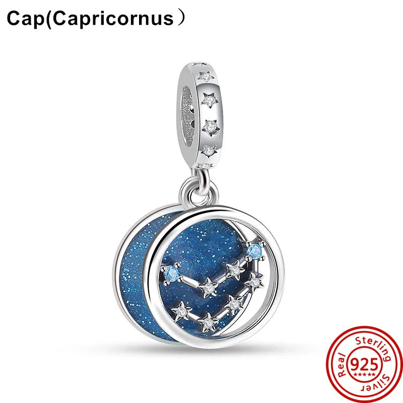 Authentic 925 Sterling Silver Sparkling Aries Leo Scorpio 12 Zodiac Signs Constellation Charm Beads Fit Pantaro Bracelet Jewelry