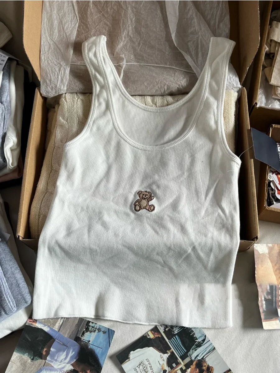 Cute Animal Embroidery Tank Tops Women Summer Lace Trim Cotton Sleeveless Camisole Vests Solid Vintage Sweet Slim Crop Top Y2k