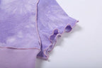 Chic Crop Tops Tees Tie Dye With Sequin Patchwork Women Summer T-shirts Ruffles Hem Purple Or Bule Clothes