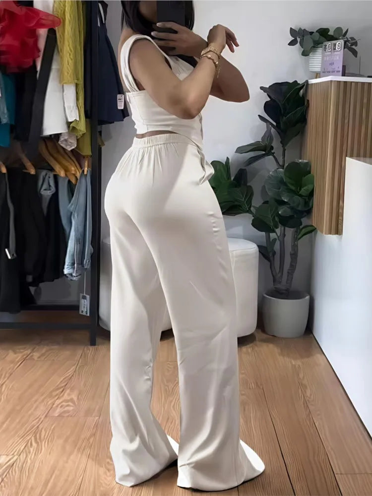 Chic Women Suit Y2k Sexy Two Piece Set Summer Sleeveless Slim Vest And Wide-leg Trouser Sets Elegant Solid Pants Women's Outfit