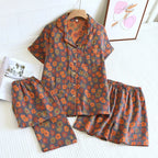 2025 New Spring/Summer Pajamas Three Piece Set Thin 100%Cotton Crepe Ladies Short Sleeves+Shorts+Pants Flip Collar Home Suit Set