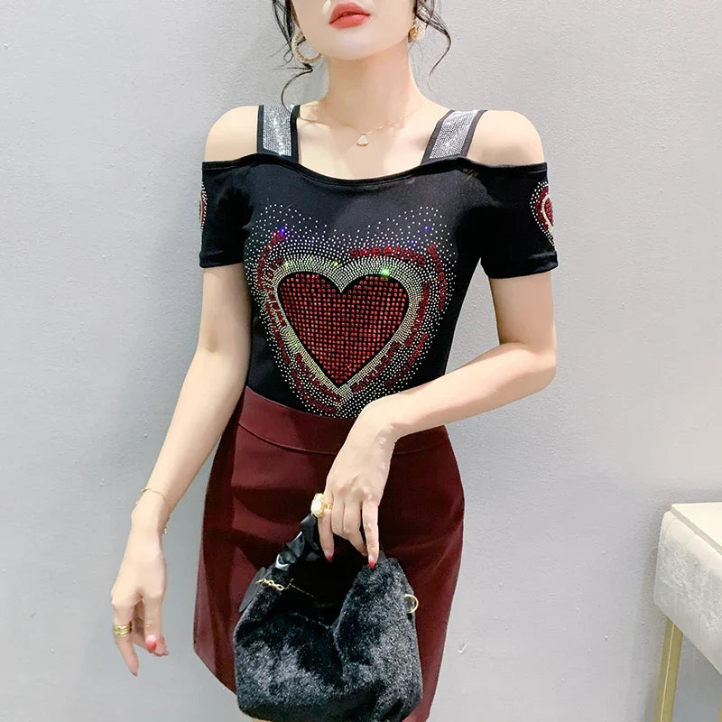Aoxison Summer Short Sleeved Women's T-Shirt Elegant Slim Shiny Love Heart Diamonds Mesh Tops Chic Girl Sexy Off Shoulder Tees