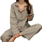 2PCS/Set Women's Long Sleeve Loose Breathable Student Sleepwear Loungewear Cardigan Gray Striped Girl Fashion Pajamas Homewear