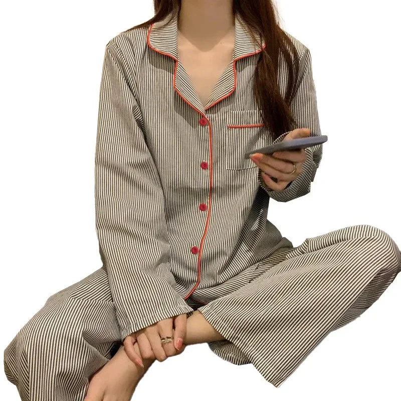 2PCS/Set Women's Long Sleeve Loose Breathable Student Sleepwear Loungewear Cardigan Gray Striped Girl Fashion Pajamas Homewear