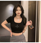 2025 Summer tshirt Women Black Cross Print Short T-Shirt Sexy U Neck Crop Top Short Sleeve Tops Tee Female Shirts