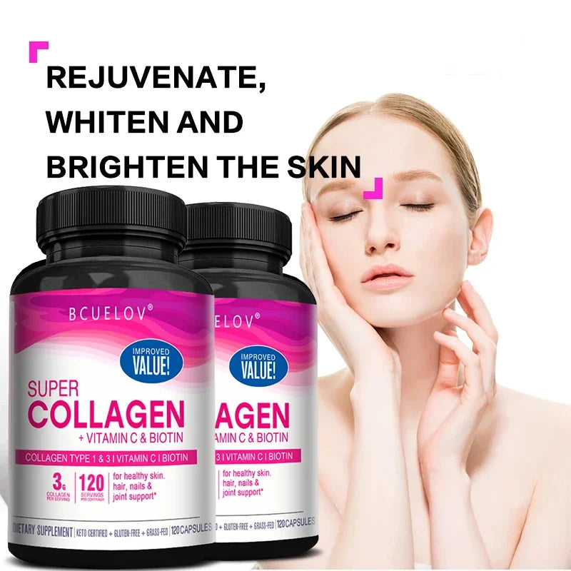 Collagen + Vitamin C plus Biotin, Anti-Aging Support, Antioxidant, Brightener, Skin, Hair & Nails Supplement, 120 Capsules