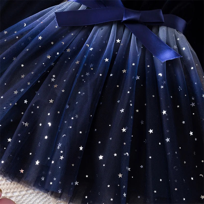 2025 Red Christmas Dress for Baby Girls Winter Long Sleeve Mesh Dresses for 3-8Yrs Kid Star Sequin Birthday Party Princess Dress