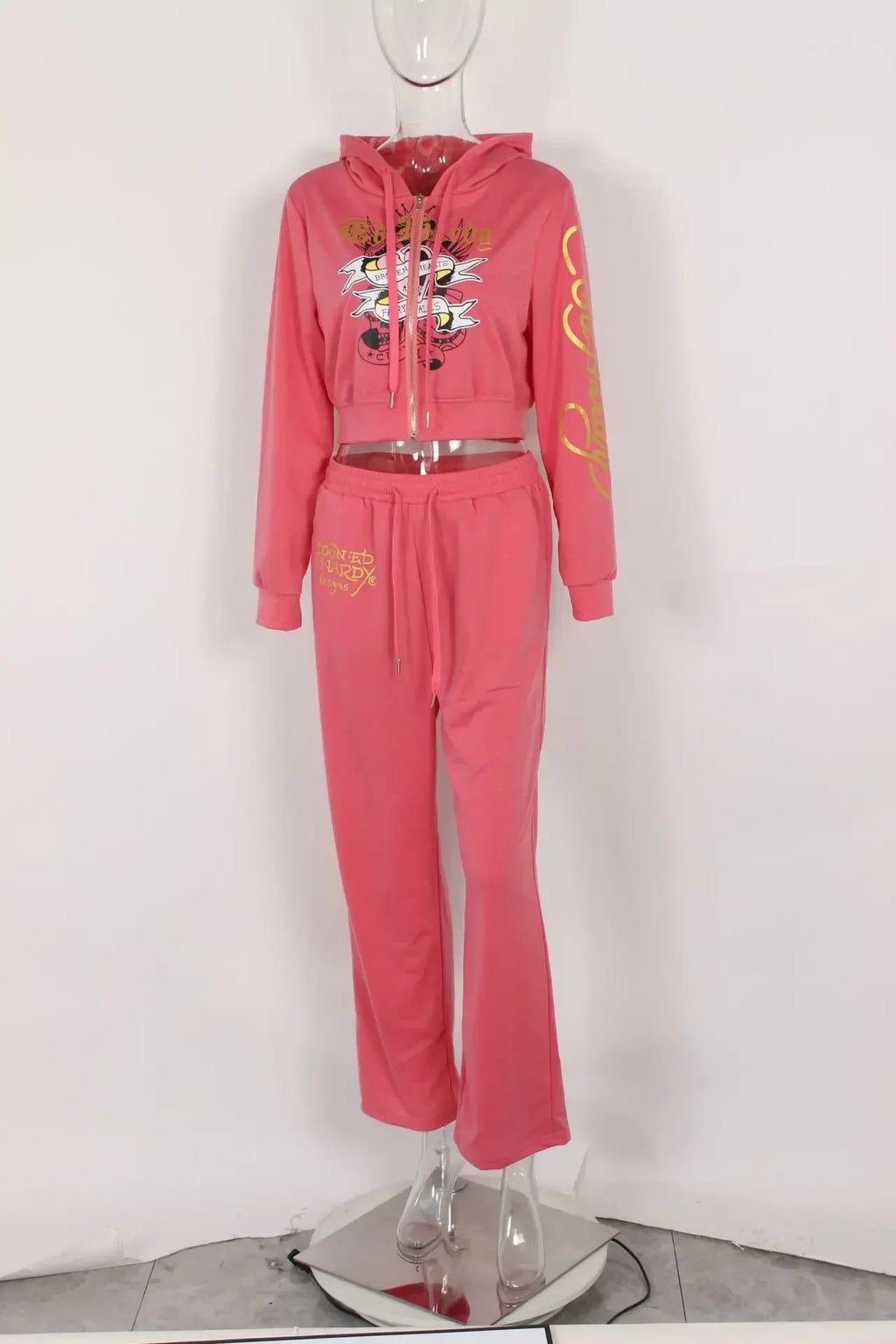 Bangniweigou Skull Love Print Zipper Short Cardigan + High Waist Straight Leg Pants Two Piece Set Women Tracksuit Autumn Winter