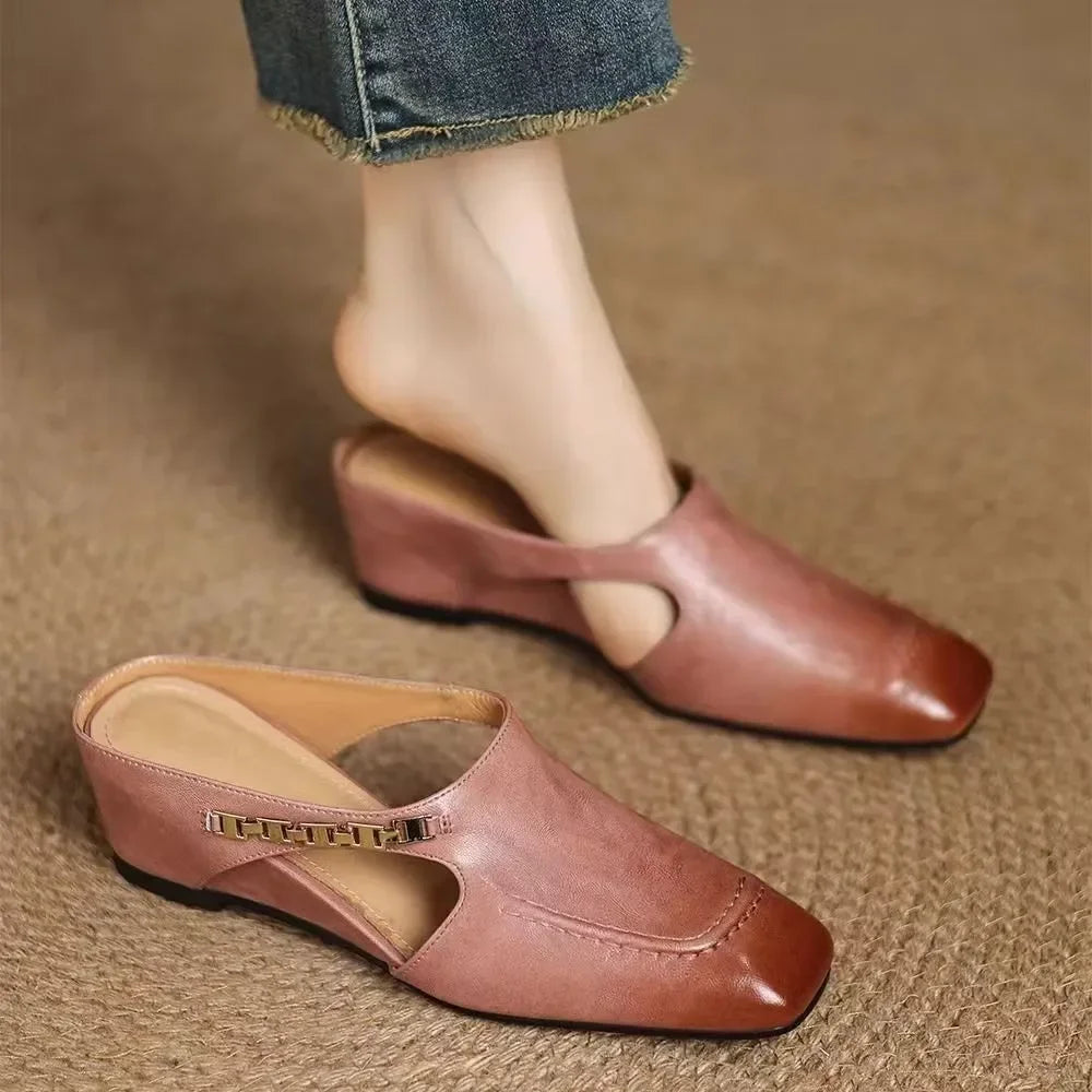 2025 New Retro Style Baotou Women's Sandals Half Slippers Square Toe Inside Heightening