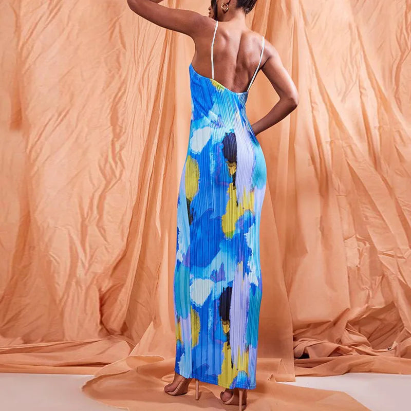 Color Printed Spaghetti Strap Maxi Dresses For Women Sexy V-neck Slim Backless Folds Dress Fashion Evening Party Elegant Vestido