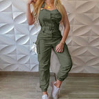 Autumn Women's Clothing Bodysuit Jumpsuit 2023 Simple Zipper Cargo High Waisted Conjoined Body Pants Sleeveless Strap Trousers