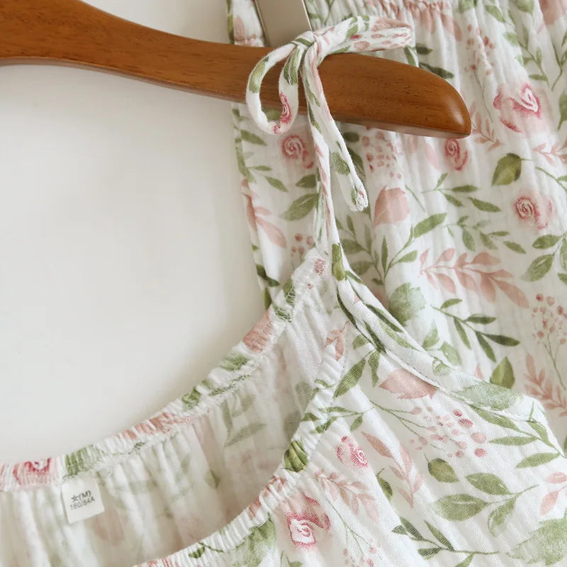 2025 Japanese Summer New Women's Pajama Set 100% Cotton Crepe Cloth Ladies Suspender+Shorts Two Piece Home Furnishing Set