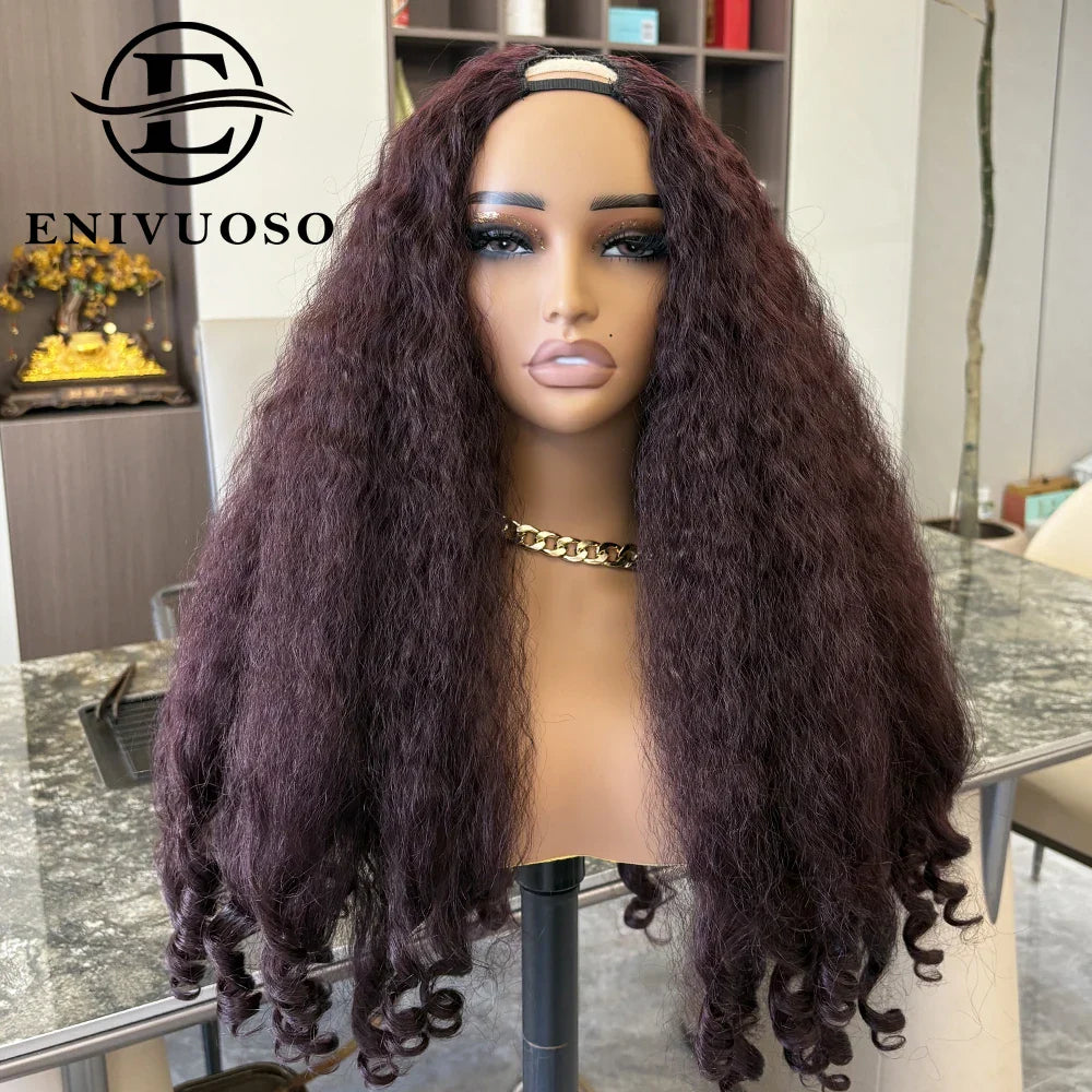 Afro Kinky Straight V Part Wigs with Bouncy Curls Short Synthetic Glueless Wigs for Black Women No Leave Out Clip in Half Wigs