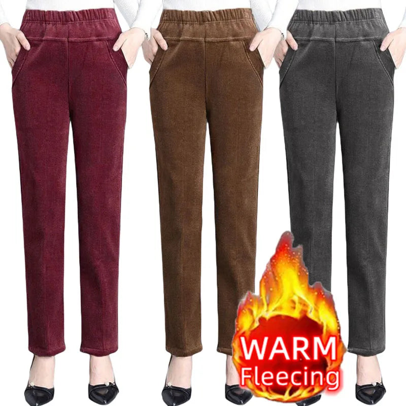 Autumn Winter Plush Thick Thin Elegant Women's Pants High Waist Fleece Pencil Pants Women Corduroy Leggings Office Lady Trousers