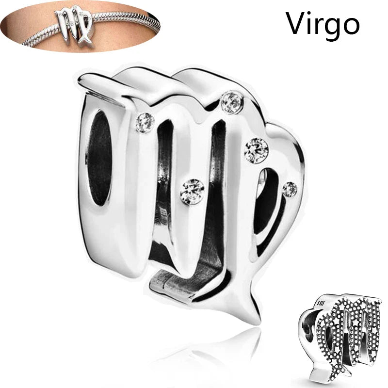 Authentic 925 Sterling Silver Sparkling Aries Leo Scorpio 12 Zodiac Signs Constellation Charm Beads Fit Pantaro Bracelet Jewelry