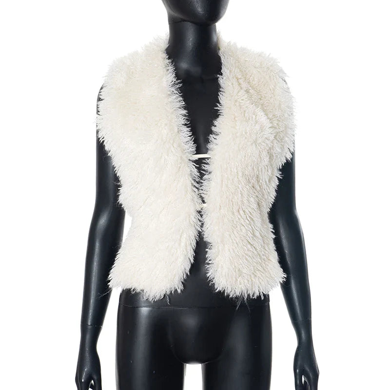 BKLD Sexy Temperament Fluffy Tops For Women High Street Y2K Nightclub Outfits Faux Fur Backless Lacing Solid 2025 Vest Waistcoat