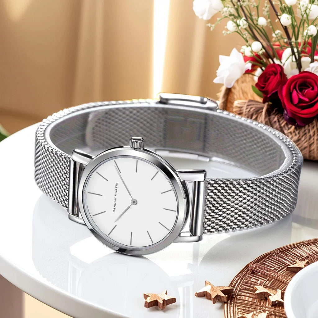 HANNAH MARTIN Brand Classic Women Quartz Watch 36mm Rose Gold Stainless Steel Mesh Strap Japanese Movement Girl Gift Wrist Watch
