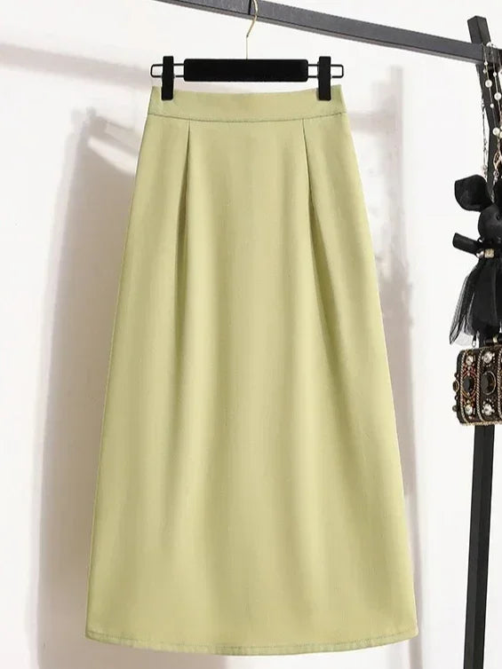 2025 Summer Female Fashionable Versatile Solid Skirts High Waisted Mid Length A-line Plus Size Skirt Split Wrap Body Skirt