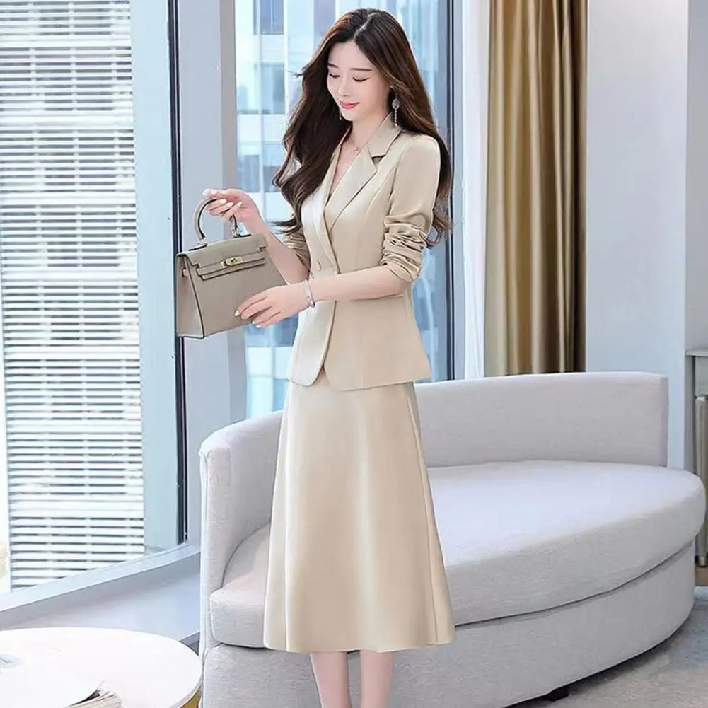 2Pcs/Set Summer Women Suit Dress Outfit  Solid Color Mid-length Lady Dress Sets Light Luxury Commute Sling Dress Coat Set
