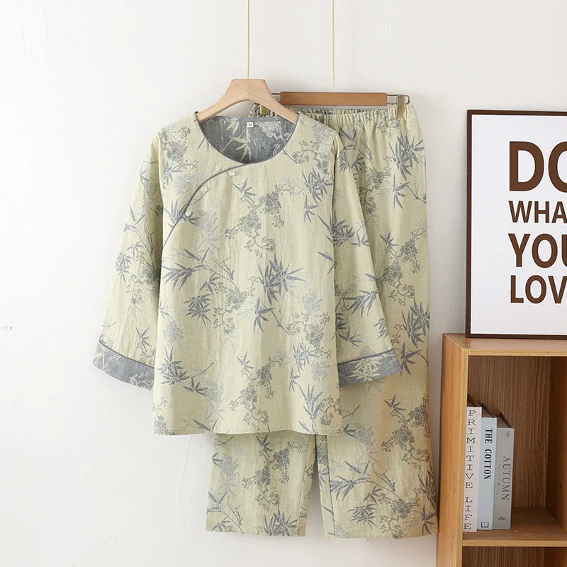 Chinese Style Women's Pajamas, Pure Cotton, Retro Color, Woven Jacquard, Home Clothing, Long Sleeves Trousers, Diagonal Collar
