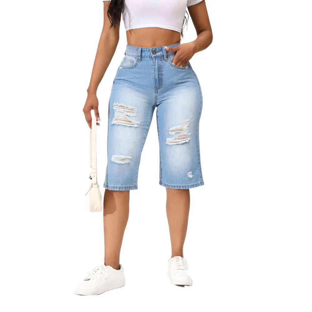 2025 Summer New Calf-Length Jeans For Women Fashion Ripped Slim Fit Butt Lift Denim Straight Legs Casual Clothing