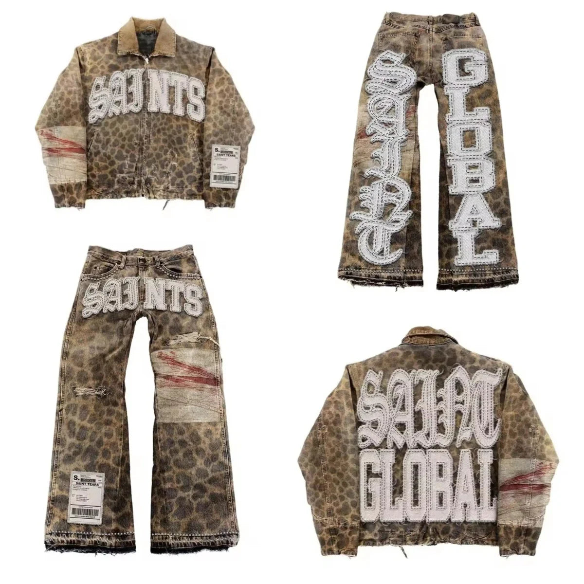 Gothic Retro Leopard Print Pattern Mens Clothes Y2k Two Piece Set Zipper Jacket Ripped Jeans Tracksuit Men Patchwork Streetwear