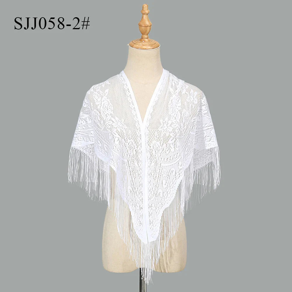 2024 White/Black Catholic Woman Spanish Style Lace Tassel Church Veil Head Covering Long Veil Floral Scarves Wedding Accessories