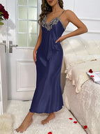 2cs Contrast Lace  Long Sleeve Belted Robe V Neck Slip Dress Sexy Elegant Women Pajamas  Sets