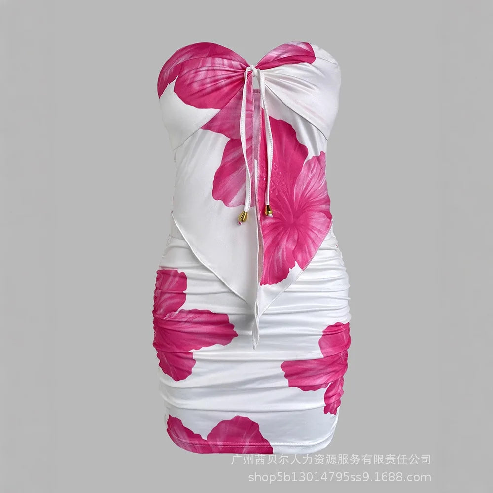 2 Piece Set Women's Floral Print Split Strapless Sleeveless Top & Mini Shorts Pants Set Summer Sexy