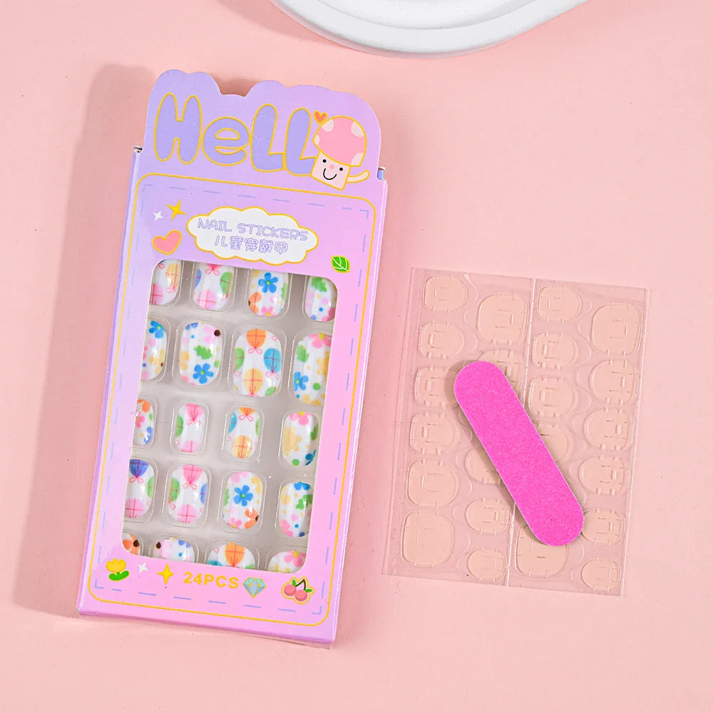 24Pcs Children Cartoon Nail Tips Colorful Cute Rabbit Pink Stars 6-14 Years old Girl Fake Nail With Jelly Glue Kids False Nail