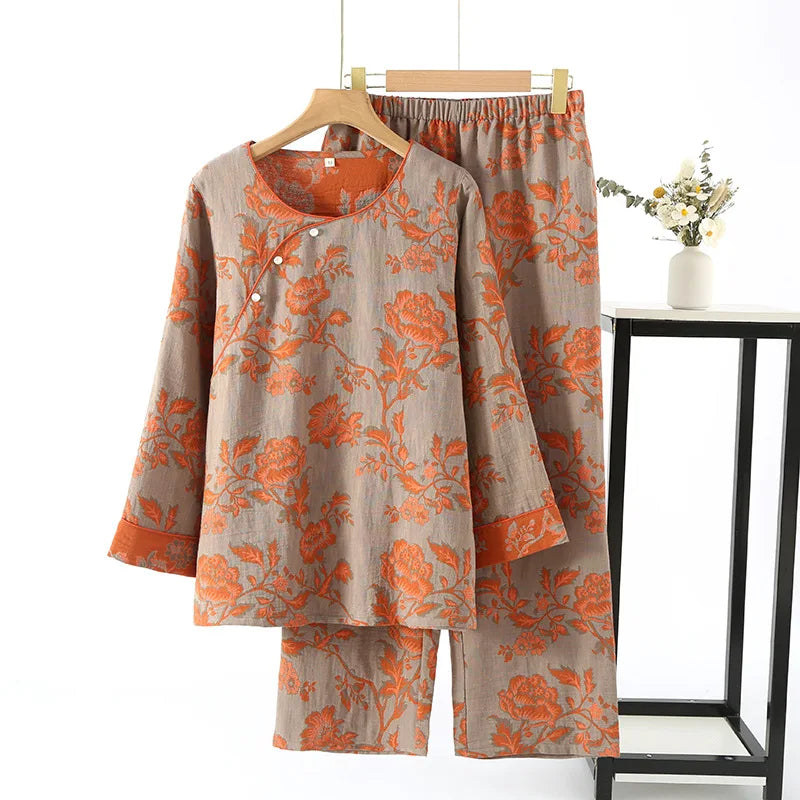 Chinese Style Women's Pajamas, Pure Cotton, Retro Color, Woven Jacquard, Home Clothing, Long Sleeves Trousers, Diagonal Collar