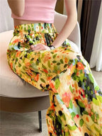 Beach Pants Loose Wide-Leg Pant Female Seaside Leisure INS High Waist Cropped Pant Straight Floral Trousers 2024 Summer New