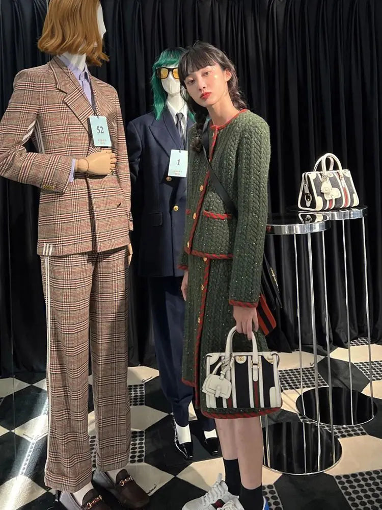 Autumn Winter Womens Two Peice Sets Vintage Knitted Cardigan Full  Elastic Waist  Knee-Length Skirt 2 Piece Set Luxury