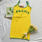 2024 Suspender Dress Women Beach Casual Short Dress Yellow Brasil Printed Long T Shirt Loose U Neck Sexy Summer Sling Mini Robe