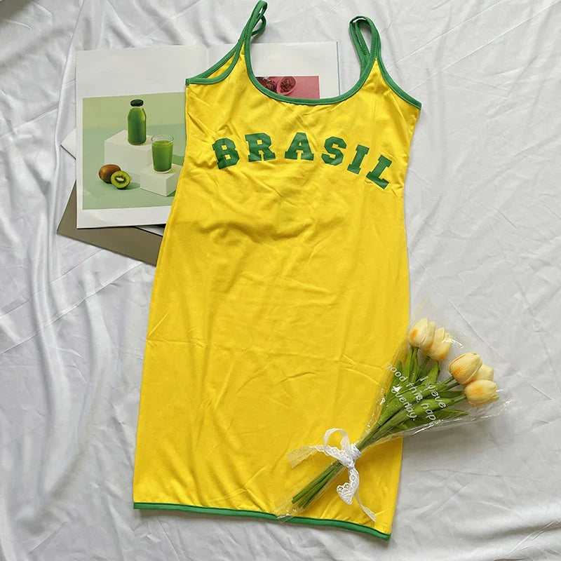 2024 Suspender Dress Women Beach Casual Short Dress Yellow Brasil Printed Long T Shirt Loose U Neck Sexy Summer Sling Mini Robe